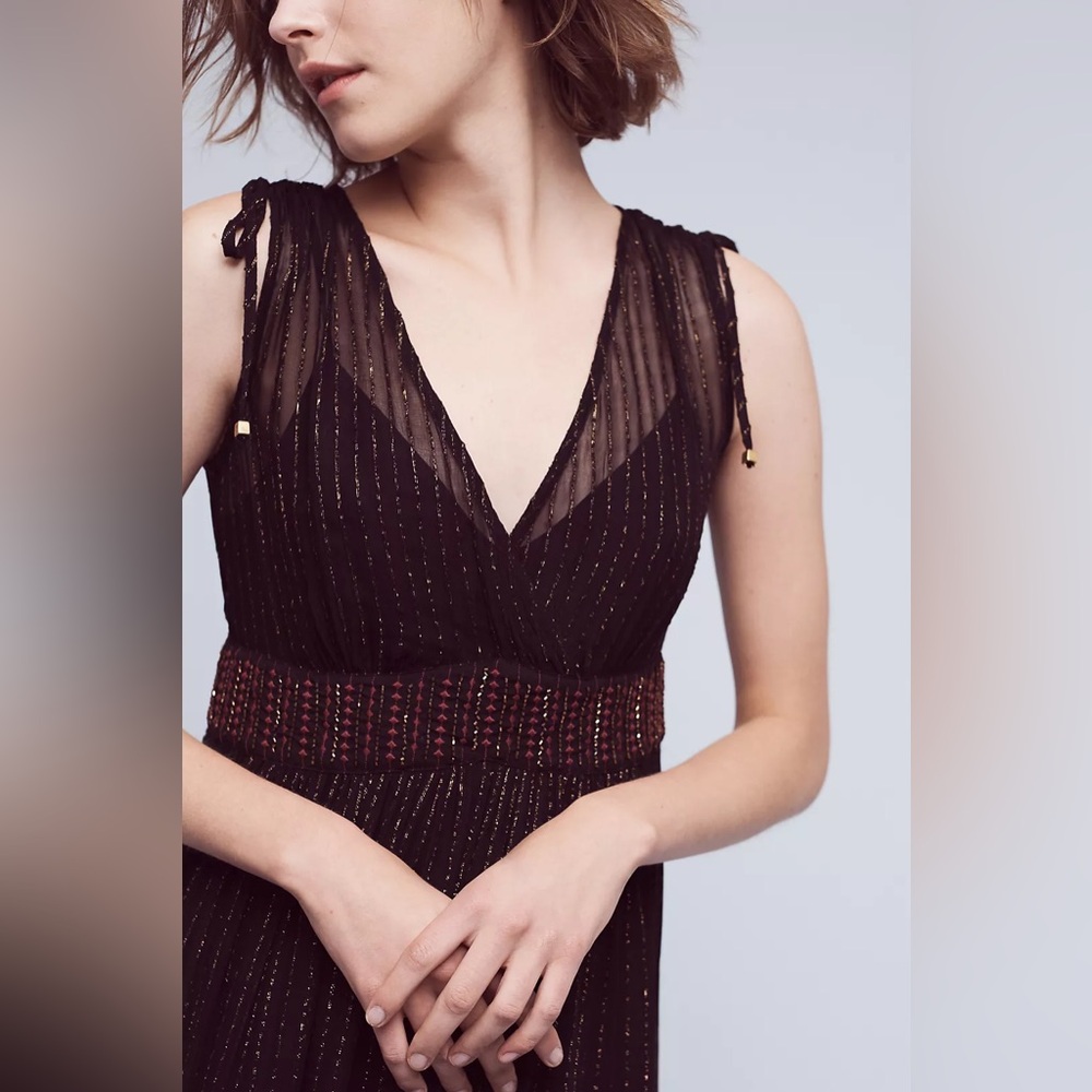 Anthropologie Floreat Annecy Sheer Black V Neck Whimsigoth Fairy Boho Midi Dress